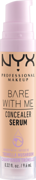 NYX Bare With Me Concealer Serum w beżowej butelce z fioletową pompką, widok z przodu, z napisem Tremella Mushroom.