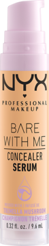 NYX Bare With Me Concealer Serum w beżowej butelce z fioletową pompką, z grzybem Tremella, widok z przodu.