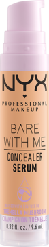 NYX Bare With Me Concealer Serum w beżowej butelce z fioletową pompką, widok z przodu, 9.6ml.