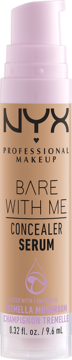 NYX Bare With Me Concealer Serum w beżowej butelce z jasnoróżową pompką, widok z przodu, z Tremella.