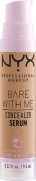 NYX Bare With Me Concealer Serum w beżowej butelce z różową pompką, widok z przodu, z napisem i ikoną tremelli.