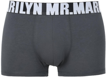 Ciemnoszare bokserki męskie wykonane z bawełny, z białym pasem z napisem "RILYN MR. MAR", widok z przodu.