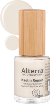 Alterra Kaolin Repair z kaolinem i awokado, butelka z bambusową zakrętką, kremowy płyn, próbki koloru.