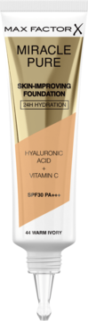 Max Factor Miracle Pure podkład, 44 Warm Ivory, w biało-złotej tubce z SPF30 i kwasem hialuronowym, widok z przodu.