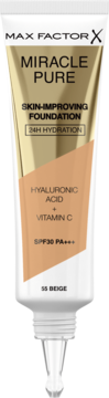 Biała tubka podkładu Max Factor Miracle Pure 55 Beige, z Hyaluronic Acid, Vitamin C i SPF30, widok z przodu.