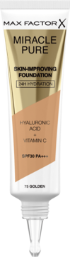 Max Factor Miracle Pure Skin-Improving Foundation 75 Golden, white-gold tube, SPF30, Hyaluronic Acid, front view.