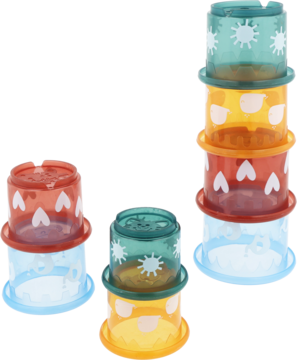 Babydream zestaw kolorowych kubeczków do zabawy: trzy stosy przezroczystych kubeczków z wzorami serc i słońc.