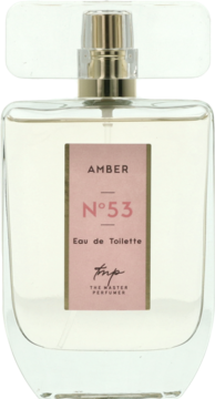 Amber N°53 The Master Perfumer, woda toaletowa w prostokątnej szklanej butelce z różową etykietą, widok z przodu.
