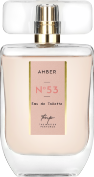 Damska woda toaletowa Amber N°53 The Master Perfumer w prostokątnej butelce, różowo-złota etykieta, widok z przodu.