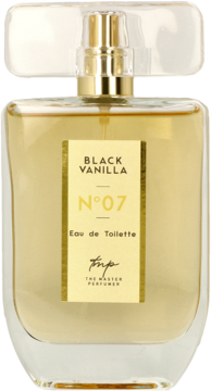 Flakon The Master Perfumer Black Vanilla N°07, złota etykieta, bursztynowy płyn, szklana butelka, widok z przodu.