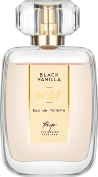 Flakon wody toaletowej Black Vanilla N The Master Perfumer, przezroczyste szkło, złota etykieta, widok z przodu.