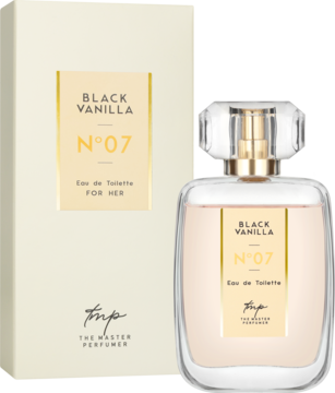 Woda toaletowa Black Vanilla N°07 dla kobiet w beżowym pudełku i szklanej butelce z różowym płynem, widok z przodu.