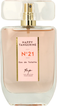 Woda toaletowa Happy Tangerine N°21, różowa butelka z etykietą, widok z przodu, Master Perfumer.