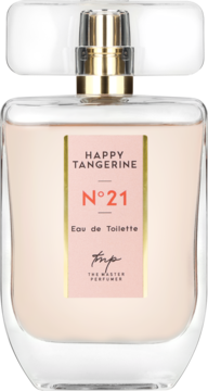 Woda toaletowa Happy Tangerine N°21, The Master Perfumer. Prostokątna butelka z brzoskwiniowym płynem, widok z przodu.