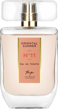 Woda toaletowa The Master Perfumer Oriental Summer N°11, szklana butelka z jasnoróżowym płynem i brzoskwiniową etykietą.