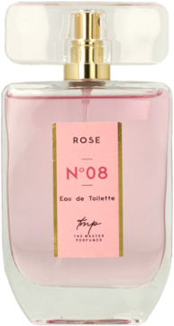 Woda toaletowa Rose N&deg;08 The Master Perfumer, prostokątny flakon z różowym płynem, widok z przodu.