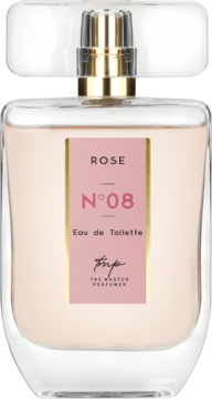 Rose N°08 Eau de Toilette od The Master Perfumer, różowy płyn, butelka z przezroczystego szkła, widok z przodu.