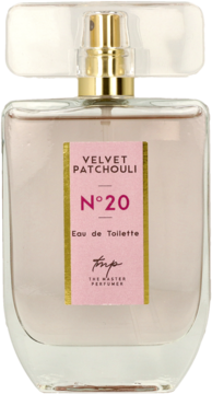 Flakon wody toaletowej Velvet Patchouli N°20, różowa etykieta ze złotym obramowaniem i złotym atomizerem, przód.