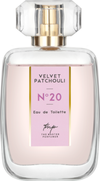 Woda toaletowa Velvet Patchouli N°20, różowa butelka The Master Perfumer, z przodu złoty atomizer.