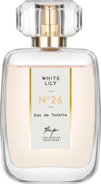 Damska woda toaletowa White Lily N°26 The Master Perfumer w prostokątnej butelce z jasnoróżowym płynem, widok z przodu.