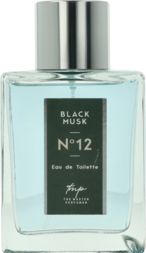 Męska woda toaletowa Black Musk N°12 w szklanej, prostokątnej butelce z błękitnym płynem, widok z przodu.