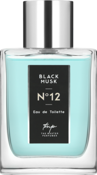 Woda toaletowa Black Musk N°12 The Master Perfumer, szklana butelka z błękitnym płynem, widok przód.