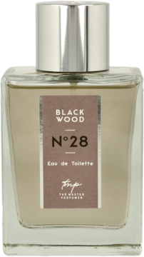 Męska woda toaletowa Black Wood N°28, prostokątna butelka z brązową etykietą i srebrnym korkiem, widok frontalny.