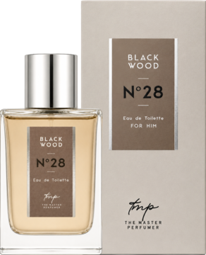 Flakon wody toaletowej Black Wood N°28 męskiej z brązowym płynem, srebrną nakrętką i beżowym pudełkiem.
