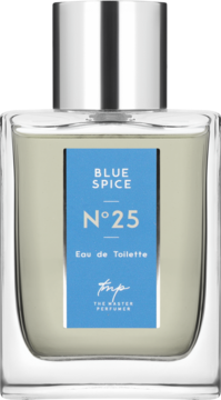 Męska woda toaletowa Blue Spice N°25 The Master Perfumer, szklany flakon z niebieską etykietą, widok z przodu.