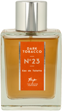 Męska woda toaletowa Dark Tobacco N°23 w kwadratowej, bursztynowej butelce ze srebrnym korkiem, widok z przodu.