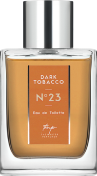 Męska woda toaletowa Dark Tobacco N°23 The Master Perfumer, bursztynowy płyn, srebrny korek, pomarańczowa etykieta.