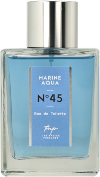 Męska woda toaletowa Marine Aqua N°45 w prostokątnej, szklanej butelce z błękitnym płynem, widok z przodu.