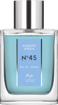 Męska woda toaletowa Marine Aqua N°45, szklana butelka z błękitnym płynem i srebrnym korkiem, widok z przodu.