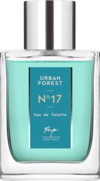 Męska woda toaletowa Urban Forest N°17, turkusowa butelka z srebrnym korkiem, widok z przodu. Świeży zapach fougere.
