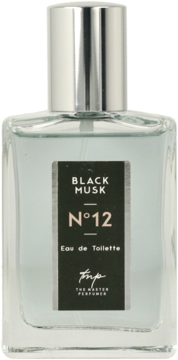 Męska woda toaletowa Black Musk N°12 w prostokątnej butelce ze srebrną nakrętką i czarną etykietą, widok z przodu.