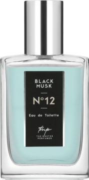 Męska woda toaletowa Black Musk N°12 The Master Perfumer. Prostokątna butelka z błękitnym płynem, srebrny korek, przód.