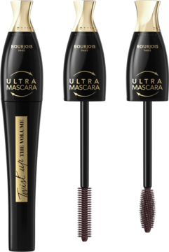 Bourjois Twist Up the Volume Ultra Brown mascara, closed tube and two views of its unique 2-in-1 brush.