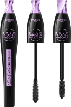 Bourjois Twist Up the Volume Balm Booster Mascara, trzy czarne opakowania, dwa z otwartymi szczoteczkami.