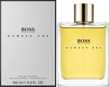 Hugo Boss Number One, woda toaletowa 100ml, żółta ciecz w szklanej butelce i białe opakowanie, widok z przodu.