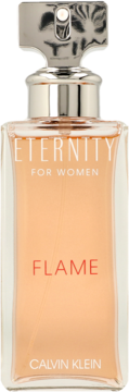 Woda perfumowana Calvin Klein Eternity Flame For Women w szklanej butelce, pomarańczowy płyn, widok z przodu.