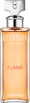 Eternity Flame For Women Calvin Klein, orientalno-kwiatowe perfumy, bursztynowa butelka z srebrną nakrętką, z przodu.