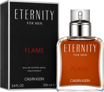 Calvin Klein Eternity Flame For Men, męska orientalna woda toaletowa. Pomarańczowa butelka i czarne pudełko obok siebie.