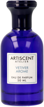 Woda perfumowana Artiscent Atelier Vetiver Arome 50ml, niebieska butelka z białą etykietą, widok z przodu.