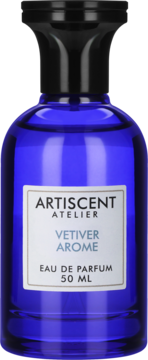 Artiscent Atelier Vetiver Arome, męska woda perfumowana 50ml w kobaltowej butelce z czarnym korkiem, widok z przodu.