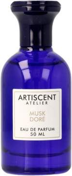 Niebieska butelka perfum Artiscent Atelier Musk Doré 50ml dla mężczyzn, z kremową etykietą, widok przód.