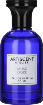Granatowa butelka Artiscent Atelier Musk Doré Eau de Parfum 50ml z białą etykietą, ujęcie z przodu.