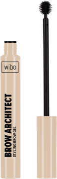 Wibo Brow Architect Styling Brow Gel w beżowej tubce, otwarte opakowanie z czarnym aplikatorem, widok z przodu.