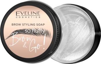 Eveline Cosmetics Brow Styling Soap "Brow & Go!" w okrągłym, czarnym słoiczku, jedno otwarte ukazujące żel.