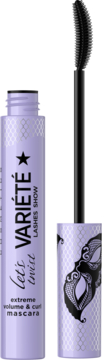 Lawendowa maskara Variété Let's Twist Extreme Volume & Curl z wyciągniętą szczoteczką, widok z boku.