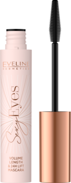 Mascara Eveline Sexy Eyes w różowej tubie, obok czarna dwustronna szczoteczka, widok z przodu.